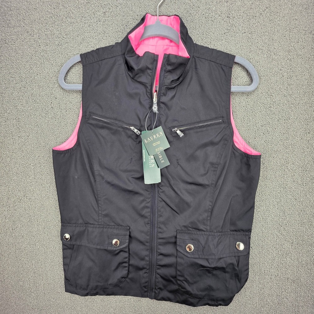 Lauren Ralph Lauren Reversible Vest Women Medium Black Pink Full Zip Utility NWT